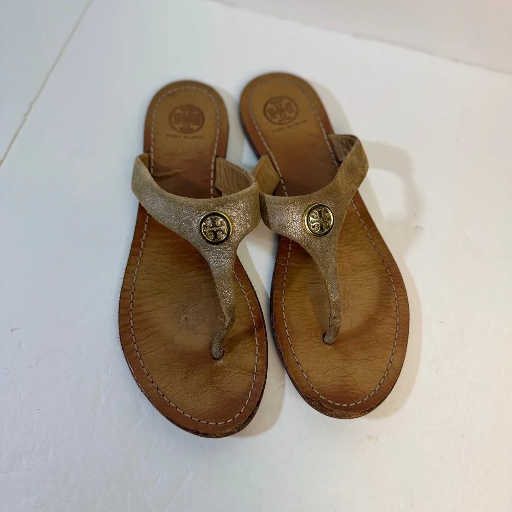 Tory Burch Miller Gold Glitter Leather Thong Logo Medallion Sandals Women 7